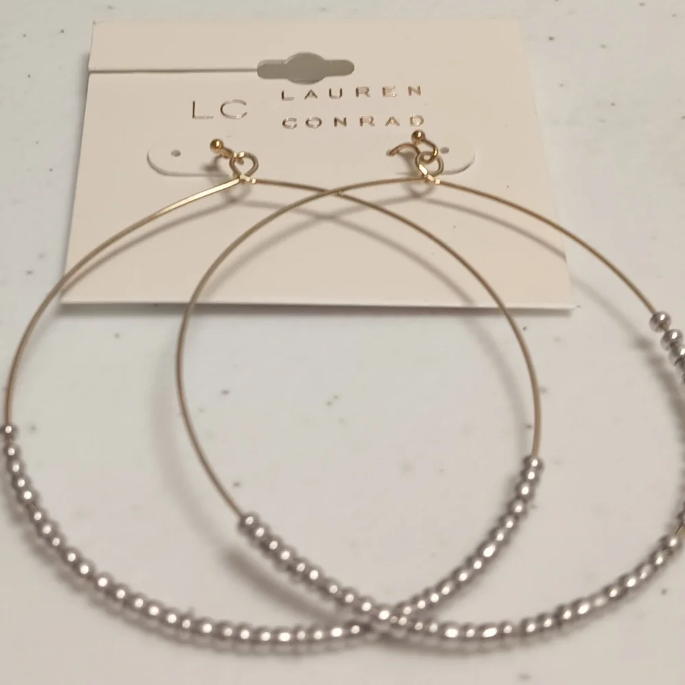 LAUREN CONRAD GOLDTONE LARGE BEADED HOOPS - Picture 1 of 5